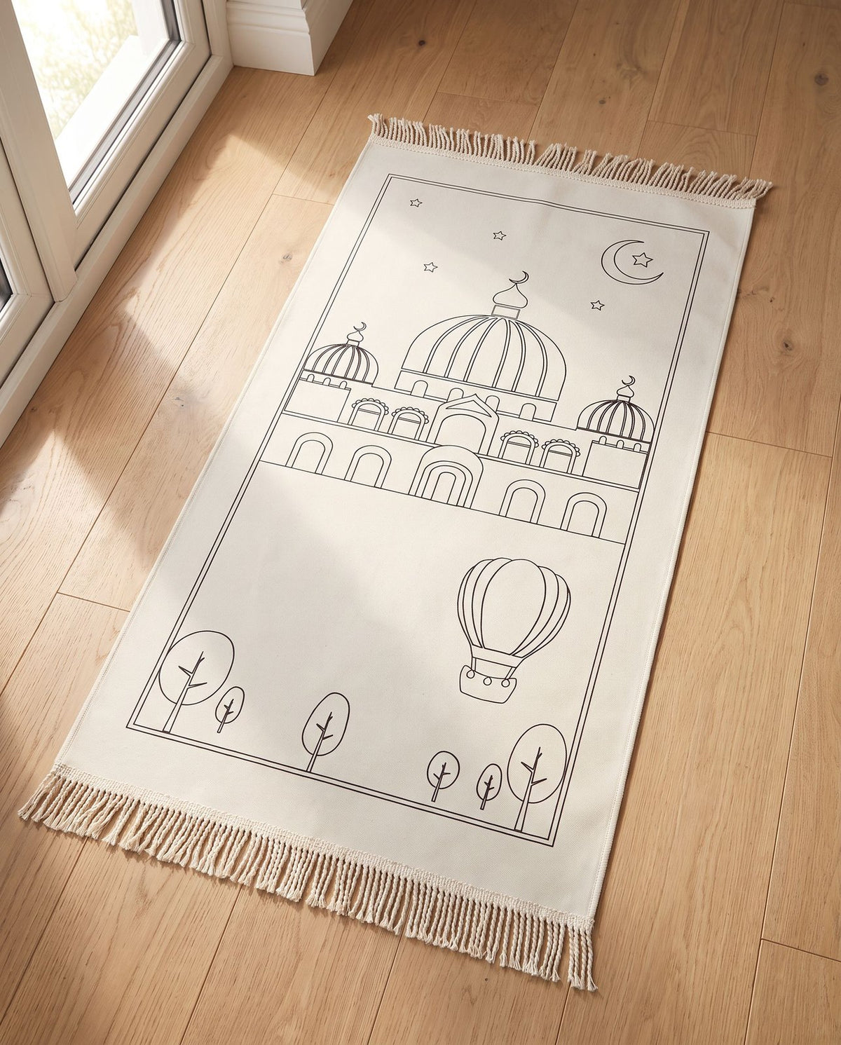 Ausmal-Gebetsteppich für Kinder, Motiv mit Moschee, Heißluftballon und Sternenhimmel