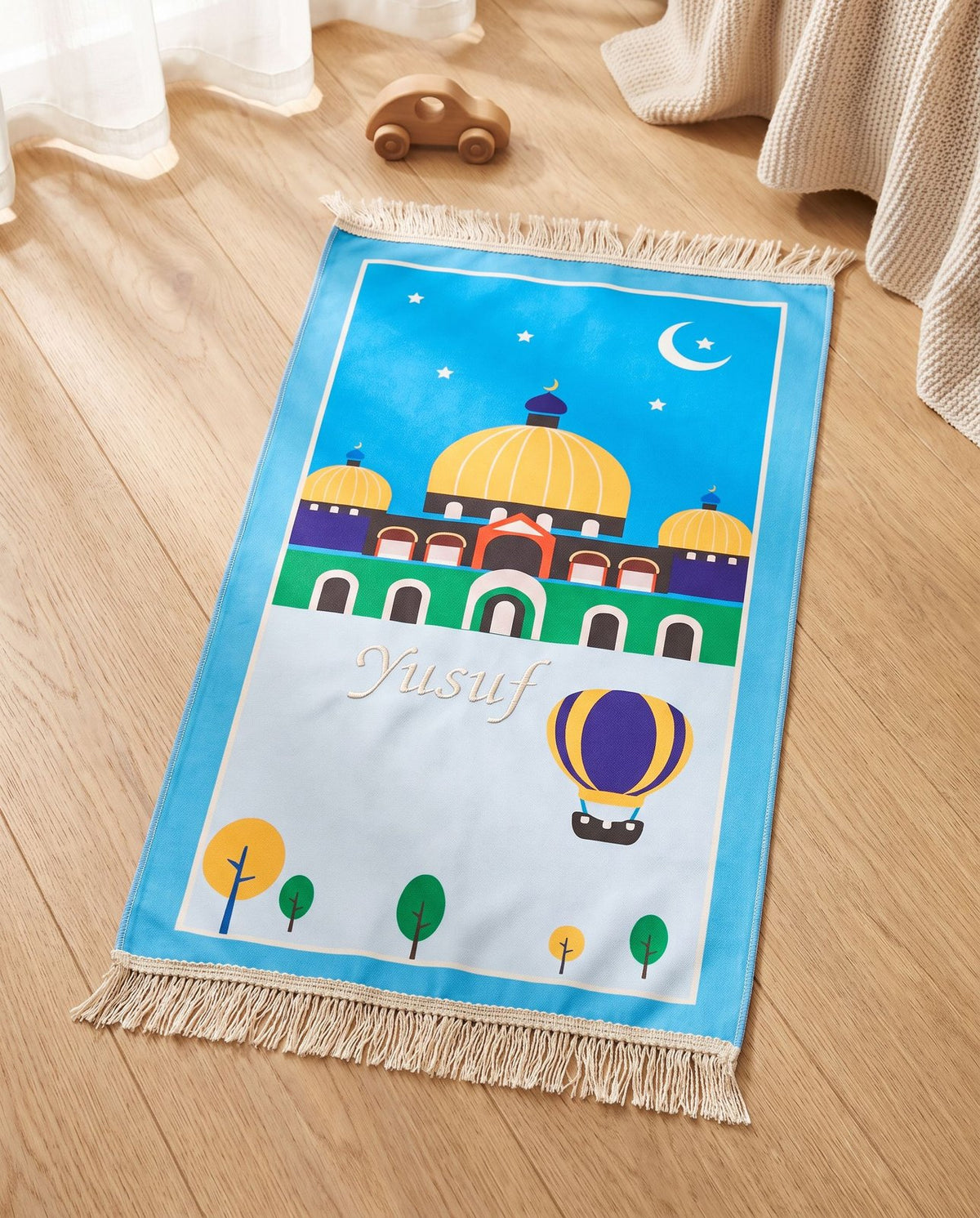 Kinder-Gebetsteppich Blau mit Moschee-Motiv und gesticktem Namen