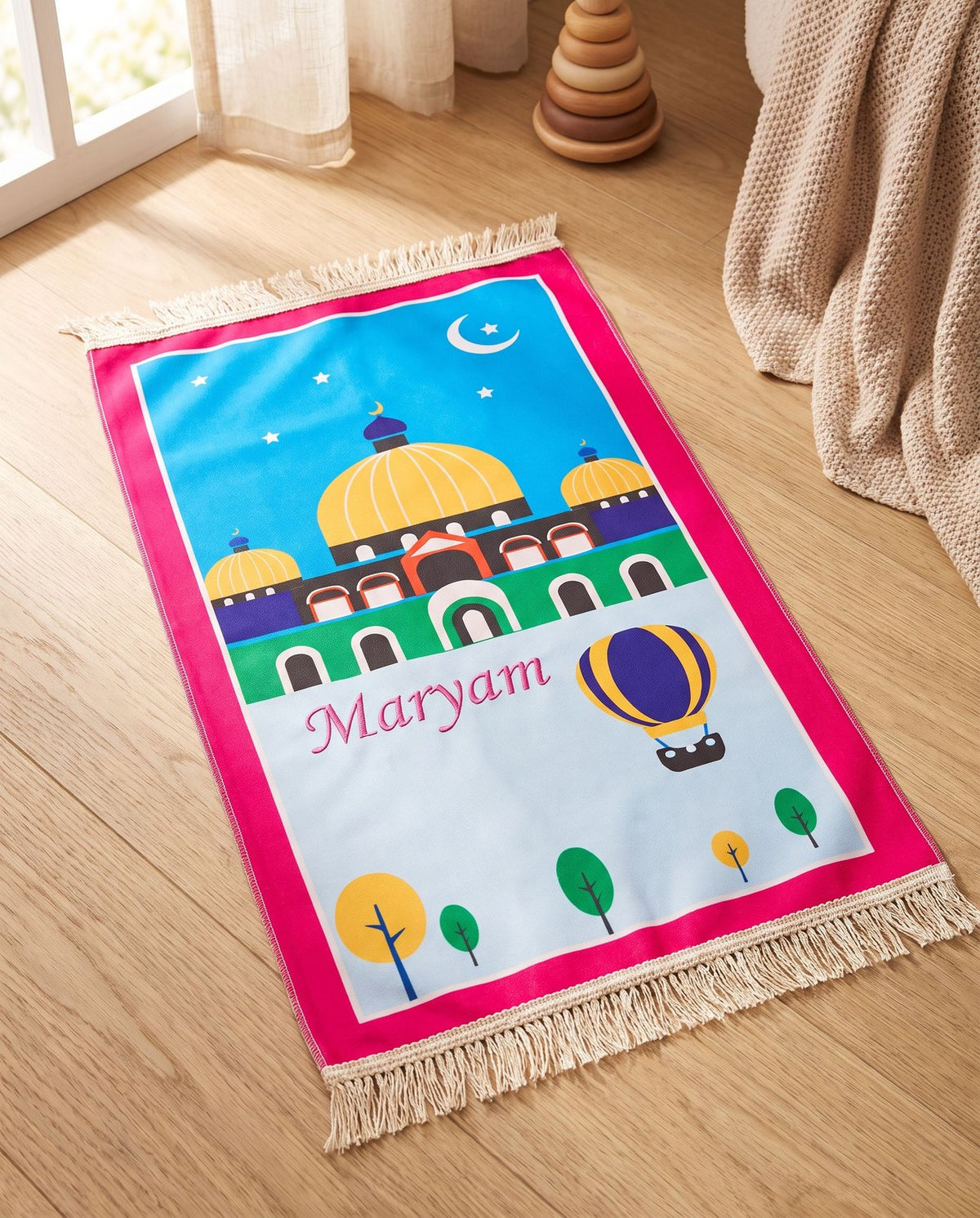 Kinder-Gebetsteppich Rosa mit Moschee-Motiv und gesticktem Namen
