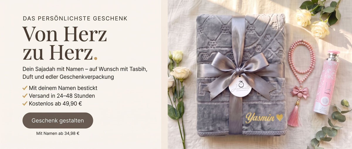 Das persönlichste Geschenk: Sajadah mit Namen, auf Wunsch mit Tasbih, Duft und edler Geschenkverpackung. Versand in 24–48 Stunden, kostenlos ab 49,90 €