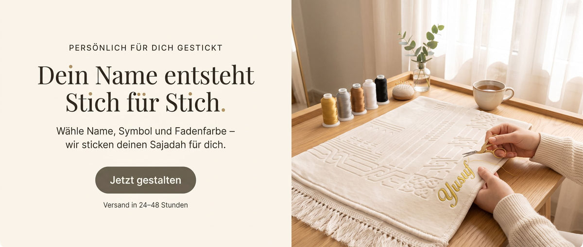 Dein Name entsteht Stich für Stich: persönlich für dich gestickter Sajadah, Name, Symbol und Fadenfarbe frei wählbar